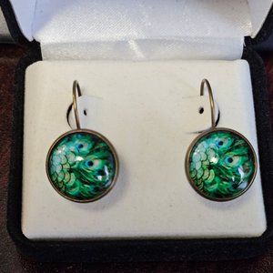 Peacock pierced antiqued gold tone earrings